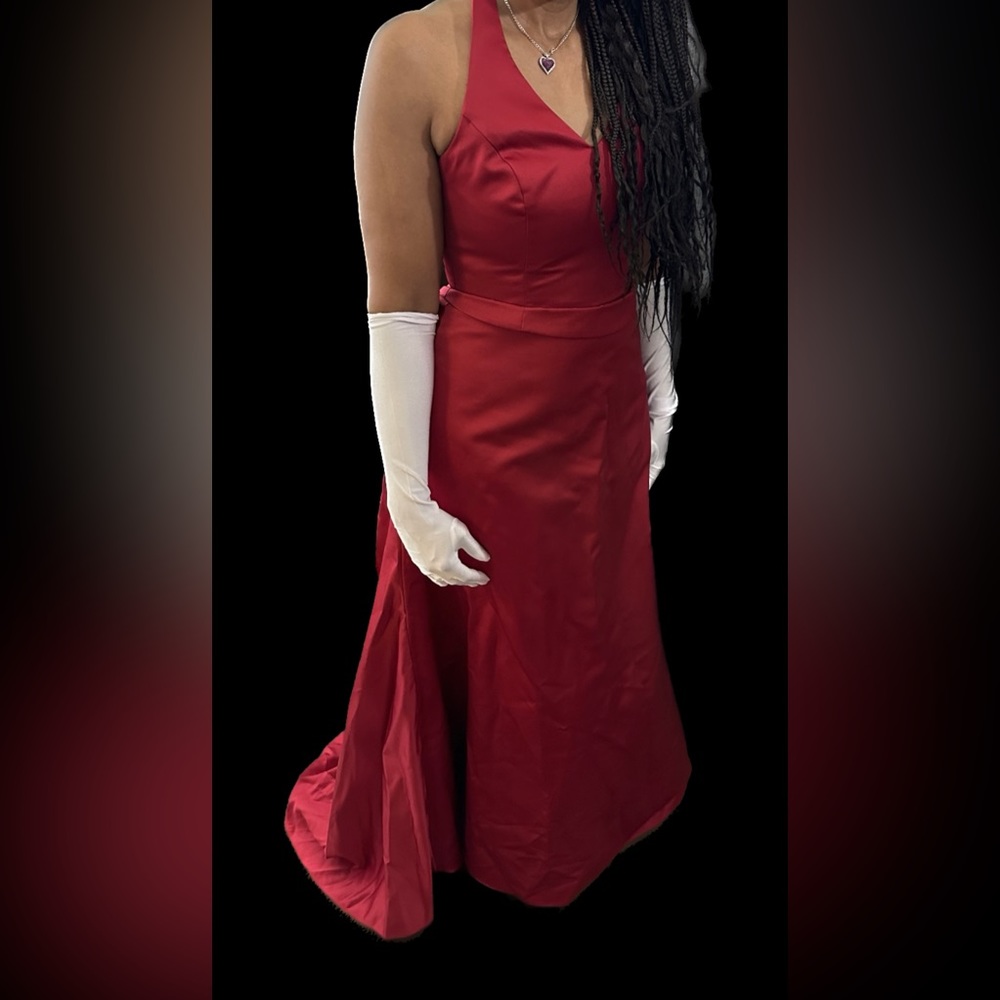 Apple red halter top gown from Davids Bridal perfect for any formal occasion